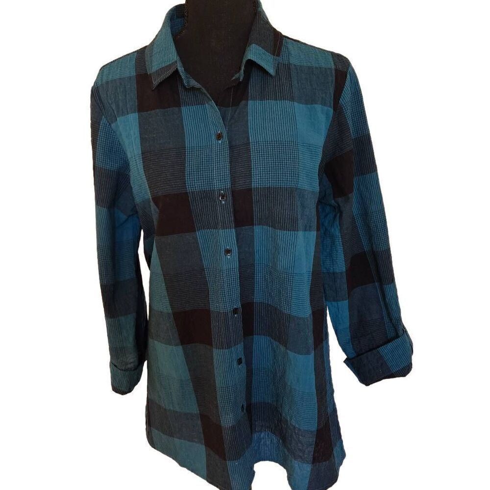 Habitat Women Plaid Printed Shacket Button Up Tunic Blouse Turquoise Black Small